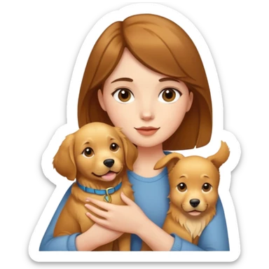 A beautiful short brown-haired girl holding a golden retriever sticker