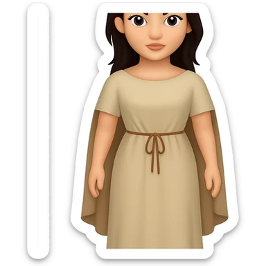 Create a fullbody view of a character in the style and proportions of the reference image. The character should wear a plain light tan dress, have dark hair, and wear a light tan cape like in the reference image. The style is emoji style with a transparent background. sticker