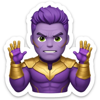 Cute emoji icon of Choi Seung-hyun T.O.P as Thanos, purple skin, strong jaw, confident mischievous, Player 230 green tracksuit with number, simplified Infinity Gauntlet, minimalistic, bold lines, bright colors sticker