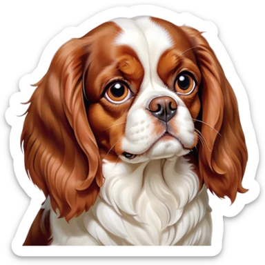 Cinematic Grumpy Blenheim Cavalier King Charles Spaniel Portrait Emoji, Head tilted slightly with a deeply unimpressed expression, thick Blenheim coat with pronounced chestnut and white markings, large, droopy brown eyes narrowed into an unamused glare, ears slightly drooping in exasperation, Simplified yet comically expressive features, highly detailed, glowing with a dry, sarcastic glow, high shine, effortlessly judgmental yet dignified, stylized with a touch of cynicism, bright but brooding, soft glowing outline, capturing the essence of an eternally unimpressed yet endearing companion, so lifelike it feels like it could sigh heavily at you in disdain at any moment! sticker