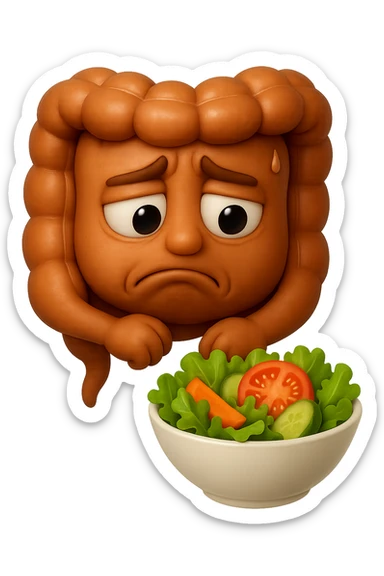 EMOJI STILE IPHONE DI UN INTESTINO UMANO ANATOMICO CHE GUARDA UN INSALATA CON ESPRESSIONE TRISTE E RASSEGNATA IN VOLTO: SOFFRE LA FAME PERCHé è A DIETA, FAGLI ANCHE LA PARTE BIANCA DEGLI OCCHI, NON SOLO LE PUPILLE, IPERREALISTICO 4K sticker
