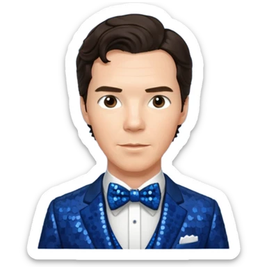 Benedict Cumberbatch with dark brown hair, indigo sequin suit with bow tie sticker