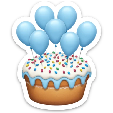 Please make some balloons that are light blue, and place a small cake underneath them. Make the balloons long and make more balloons. sticker