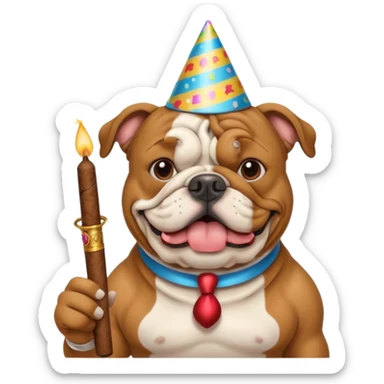 A Bulldog celebrating his birthday with a cigar  sticker