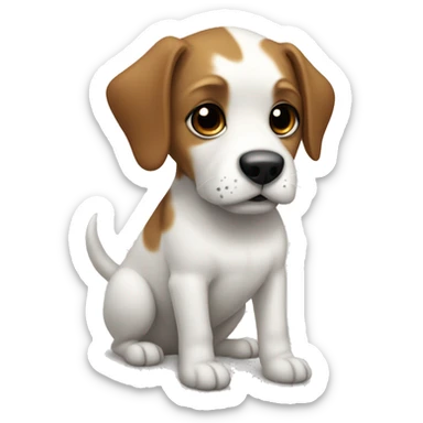 a dog with a black-brown muzzle, completely white paws and body, and a small black spot on the left side of the body sticker