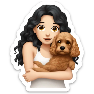 White skinned european girl with long black hair cuddling with an apricot coloured cockapoo sticker