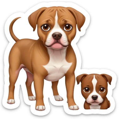 small brown puggle dog with large brown and white pitbull  sticker