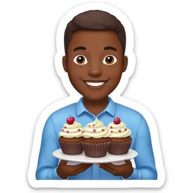 Cartoon of a very large smiling African American man holding cupcakes sticker