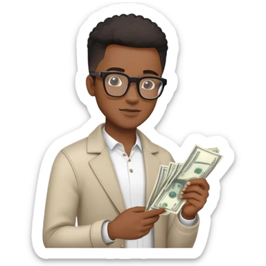  Venture capital. Young black man with stylish glasses a fade, in casual clothes and a term sheet and money sticker