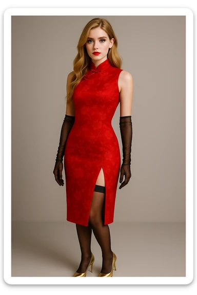 Change the qipao to a vibrant red color with delicate floral embroidery, keeping all other details the same: Blonde, blue-eyed Nordic girl, long wavy hair, black transparent gloves and stockings, gold high heels, graceful and stylish. Preserve the original details and elegance. sticker