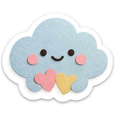 cute puffy cloud holding tiny pastel hearts, soft pastel palette, no arms or legs, full body, paper craft style sticker