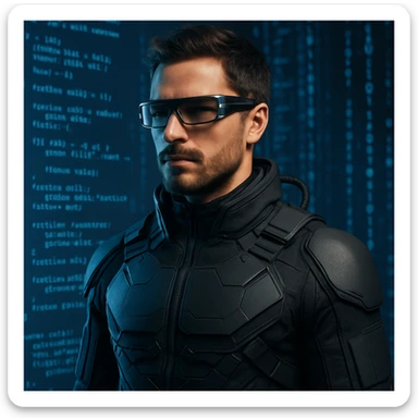 a male AI technology expert wearing futuristic tech clothing and smart glasses, with a background featuring digital code elements, strong modern vibe sticker