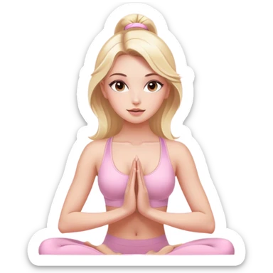 Aesthetic blonde model with brown eyes, luxury makeup, light pink yoga outfit sticker