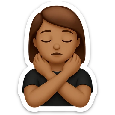 Change hair to brunette, keep arms crossed holding neck, eyes closed, preserve transparent background. sticker