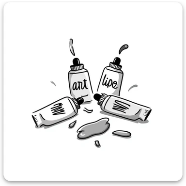 Art paint tubes with different colors squeezed out in pastel colors (dd9fb0, ffc6d3, a3bfc9, c4bee2, f1b091), hand-drawn doodle style sticker