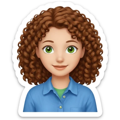 girl with brown hair, green eyes with a blue shirt no background ,young with curly hair smileing long hair not so curly and brown sticker