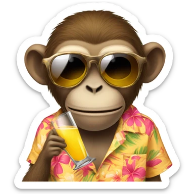 a monkey with a Hawaiian shirt, sunglasses, a fake mustache, holding a glass of mimosa sticker