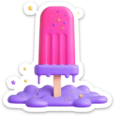 A 3D iOS style emoji of a melting popsicle with a pink and purple color scheme, surrounded by stars and sparkles. sticker