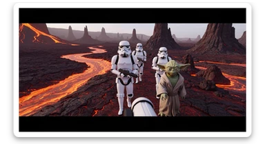 Shot on vlog camera, Starwars stormtroopers is walking on lava planet with yoda sticker