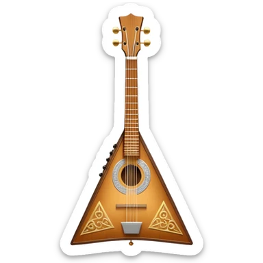 Create a refined and detailed emoji representing the 3-stringed Doff BCM balalaika. The design should feature the classic triangular shape of the balalaika, highlighting its smooth wooden body and high-quality finish. The three strings should be clearly visible, and the tuning pegs should reflect the craftsmanship of the instrument. Add subtle musical notes around the instrument to emphasize its melodic sound. Use rich wood tones, gold accents, and silver details to reflect the professional quality and elegance of the Doff BCM balalaika. The background should be transparent. sticker