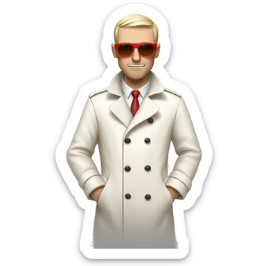 <excerpt>
A white man with real short hair, short mutton shops donning small red tinted sun glasses in a dirty white trench coat, is an alchemist.
</excerpt> sticker