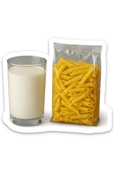 bicchiere di latte accanto a pacco di pasta sticker