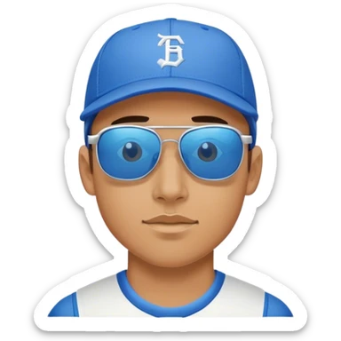 A young man standing with  blue backward baseball cap and sporty reflective sunglasses.  sticker