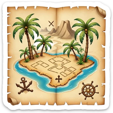 A detailed pirate treasure map with dotted paths, palm trees, and X marks the spot sticker