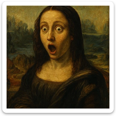 Mona Lisa in an oil painting style, surprised and wide-eyed expression, rich textures and brushstrokes sticker