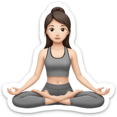 a brunette girl doing yoga, she is wearing a grey fit and she has dark straight and loose hair.  sticker