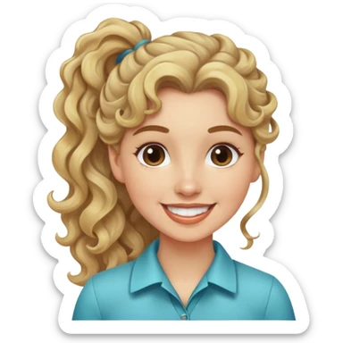 girl cruise director with curly dirty blonde hair in a ponytail, very happy sticker