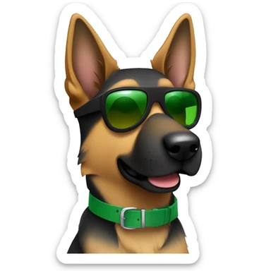 Slim weak german shepherd with green belt and full black sunglasses and hair colour gray and a little brown near mouth sticker