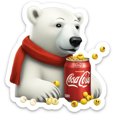 Polar bear in coke scarf kissing the yellow peanut m&m sticker