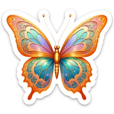 Pastel sparkly orange glittery iridescent rainbow transparent butterfly with detailed intricate patterns sticker
