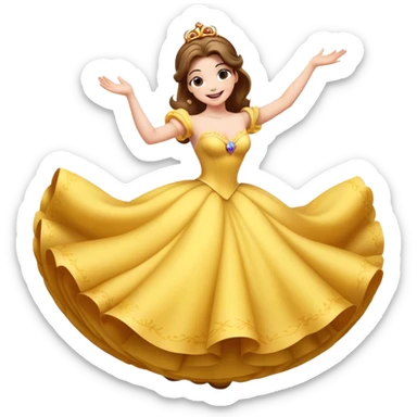 Cinematic Playful Belle Portrait Emoji, Spinning joyfully in her ball gown, arms outstretched, a radiant smile lighting up her face, exuding an enchanting blend of fun and elegance! sticker