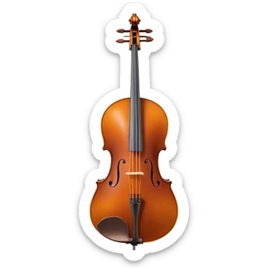 Create a refined and detailed emoji representing a Cremona cello with a bow. The design should feature the smooth, polished wooden body of the cello with a deep, rich tone color. The strings and tuning pegs should be visible, emphasizing the instrument's fine craftsmanship. Add a delicate bow placed gently across the strings, with intricate detailing on the hair and frog. Include subtle musical notes around the cello to evoke the graceful, classical sound. Use warm wood tones and accents like gold and silver for a professional, elegant look. The background should be transparent. sticker