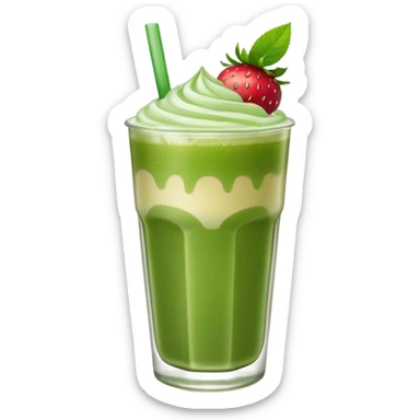 glass of iced matcha latte with visible strawberry syrup layer at the bottom, apple emoji style sticker