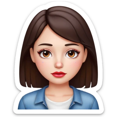 “Emoji brunette girl white top, dewy skin, heavy blush across cheeks and nose bridge, glossy cherry lips, soft eyeliner, teary sparkling eyes like hanni from new jeans sticker