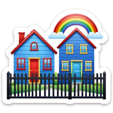 1 blue house with a black fence & next door a red house with a rainbow coloured fence. sticker