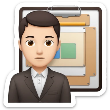 Minimalistic flat vector icon, iOS style, thin black contour on white background. Person silhouette with a project board (kanban/task board) behind. No text, no shadows.
 sticker