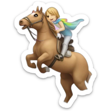 cat riding a horse over a rainbow sticker