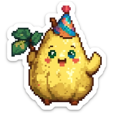 Add a colorful party hat to the cheerful pear waving in pixel art style. Keep the pixel art aesthetic and no background. sticker