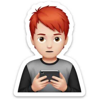 One boy with half gary and half red hair with no eyes playing a video game in mobile  sticker