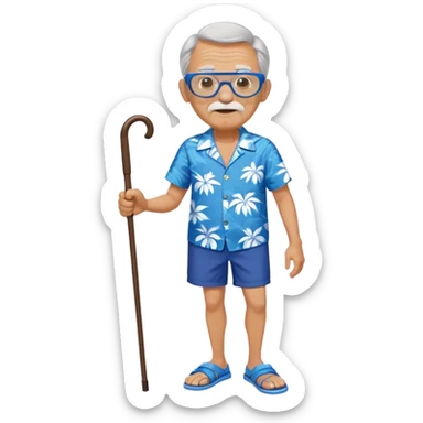old man with cane and blue  Hawaiian shirt and blue short and googles  and blue shoes sticker