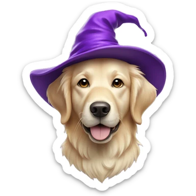 Cream color Golden retriever wearing a purple wizard hat sticker