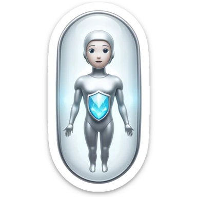 Silver semi-transparent capsule floating next to an ethereal glowing immune system figure, with a small shining shield over a luminous thyroid gland sticker