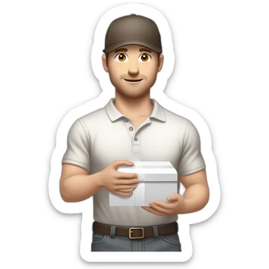 Pale skinned fit Man with dark brown hair in a light gray cap, dark brown jeans, brown polo and white T-shirt keeping a pasted with tape white box into his hands sticker