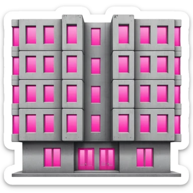 Brutalist gray concrete building with multiple windows where only one window glows bright pink and the rest are normal sticker