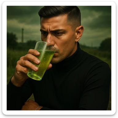 Create a realistic or cinematic style image of a 30-year-old man inspired by the reference image, holding a glass or bottle of water close to his mouth, about to drink. The man has a neutral or slightly thirsty expression. The water is slightly murky or greenish with floating particles and a faint toxic glow. The background is outdoor nature, rural, or industrial, with a foreboding atmosphere and a health warning tone. Emphasize high detail on the water texture and the overall mood is foreboding and cautionary. sticker