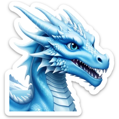 Cinematic Noble very elegant slender Ice Dragon Portrait Emoji, Poised and imposing, distinct long elegant snout, with a slender, scaled body shimmering in glacial hues of icy blue, frostbitten silver, and crystalline white, breathing out frost, with piercing, glowing ice blue white eyes that radiate the chilling depths of an arctic storm; rendered in detail. excuding wisdom sticker